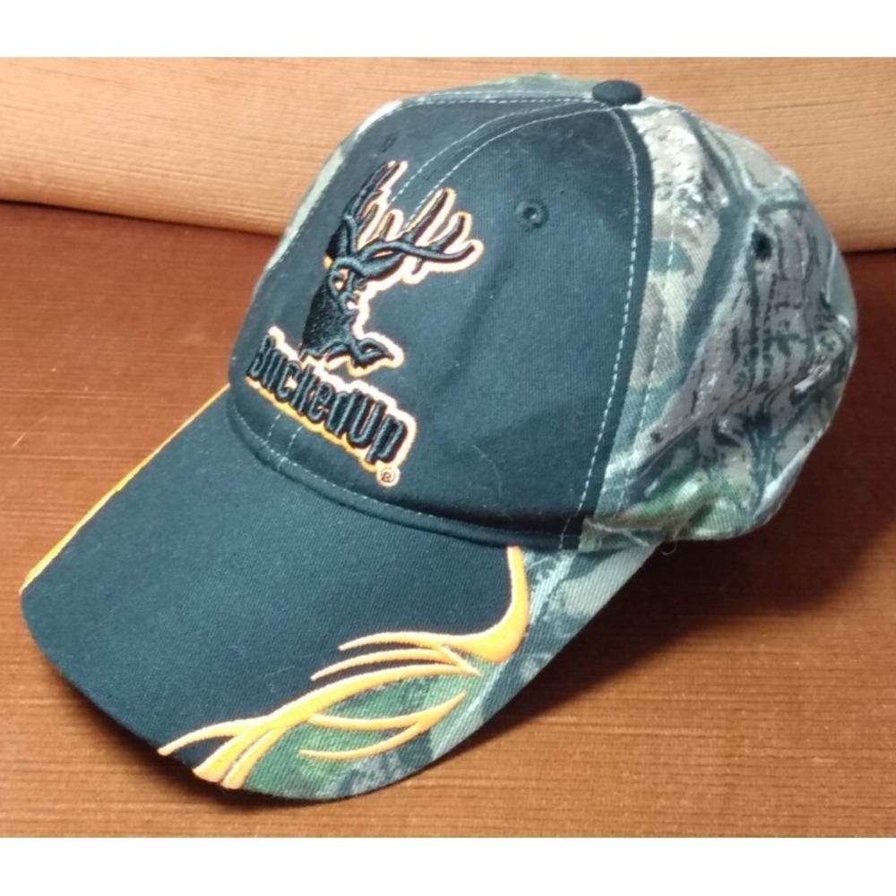 Bucked Up‎ Two-Toned Camo Hybrid Trucker 3D Puff Embroidery Antler Flame Dad Hat - Picture 2 of 5
